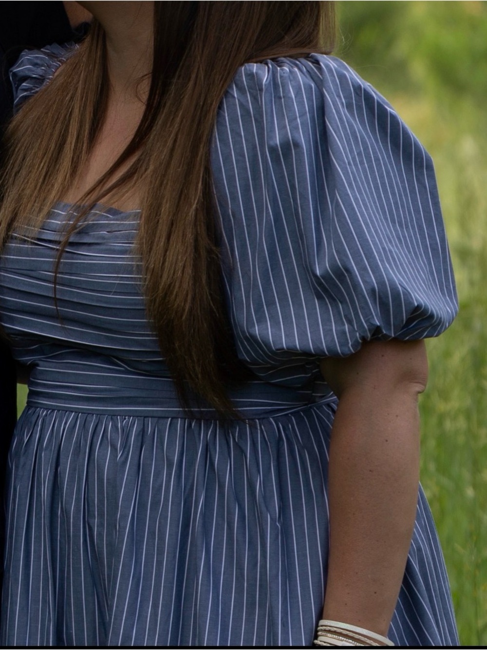 Abercrombie & Fitch Navy and White Striped Puff-Sleeve Emerson Dress